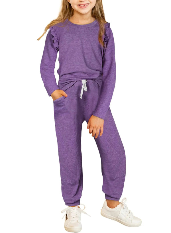blibean Girl Fall Set Outfits Solid Round Neck Fashion Clothes Long Sleeve Ruffle Shirt Sweat Pants Cute Tween Clothing Niña Size 10-11 Years Old X-Large Purple